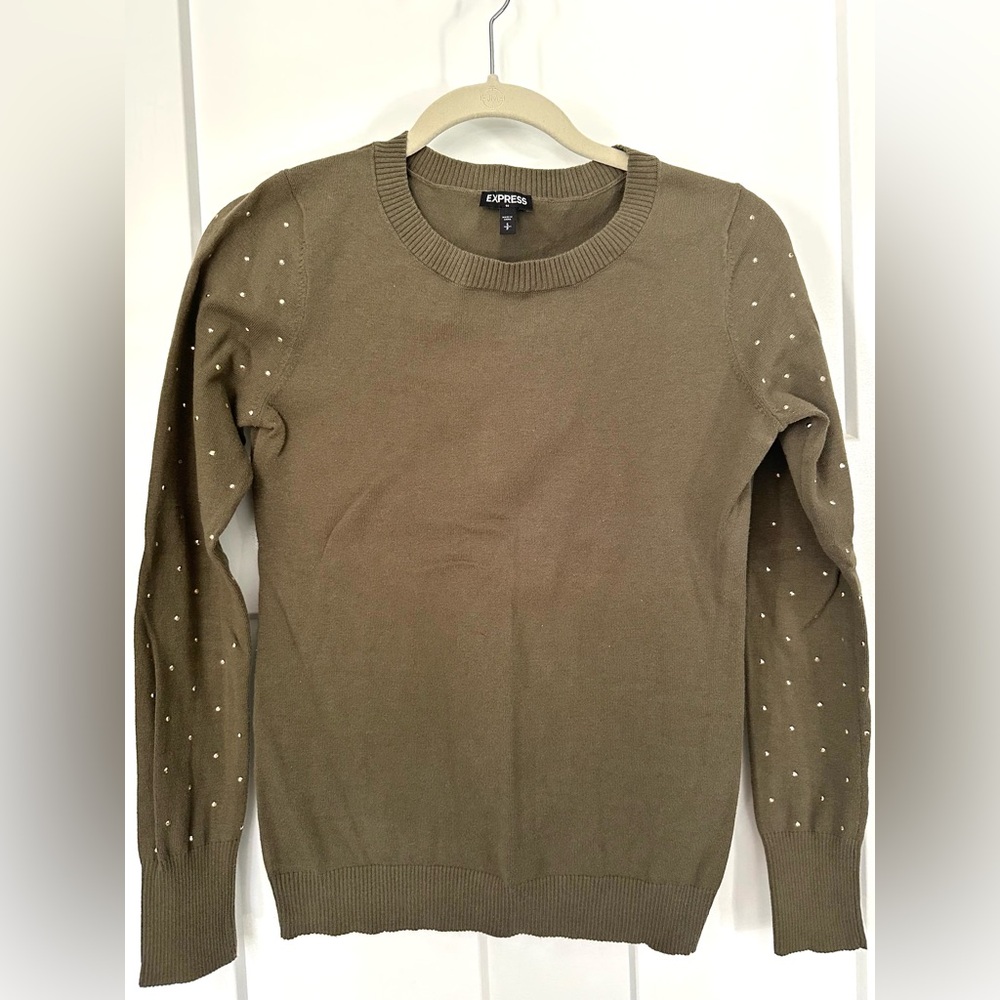 Express Olive Green Sweater with Studded Sleeves, Size Small